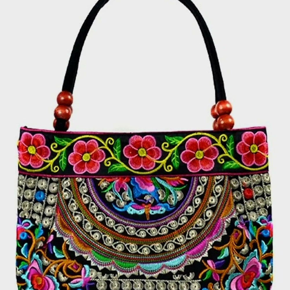 Pink and Black Embroidered Shoulder Bag with Floral Motifs